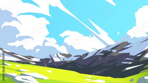Mountain landscape with snowy ridge in the distance, cloudy sky, stones in the foreground. Vector illustration