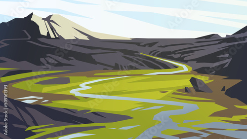 Mountain landscape, meandering river in the valley. Vector illustration