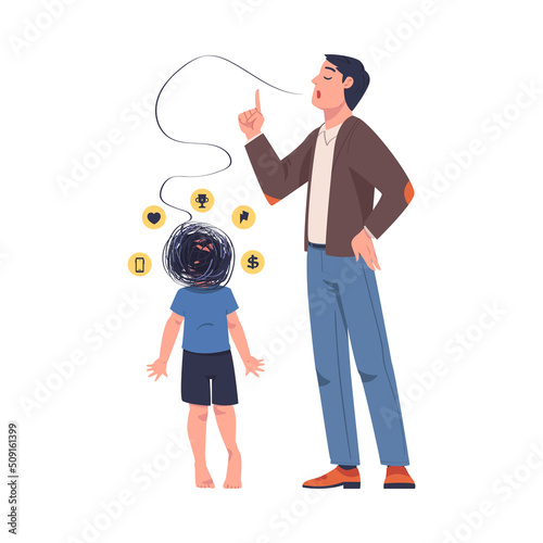 Man Father Talking to His Confused Son as Problematic Communication and Misunderstanding Between Parent and Child Vector Illustration