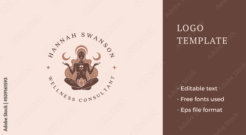 Beige nude spiritual woman all seeing eye practicing yoga in lotus position logo vector - obrazy, fototapety, plakaty 