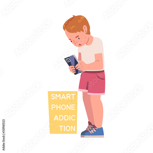 Boy Addicted to Smartphone Playing Video Game with Gadget Vector Illustration