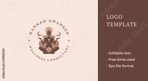 Beige nude spiritual woman all seeing eye practicing yoga in lotus position logo vector