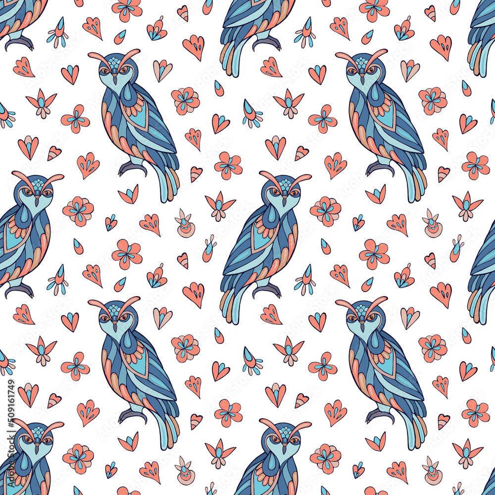 Obraz premium Seamless vector pattern of owls and flowers. Suitable for packaging, fabrics, wallpapers and simple colorings.