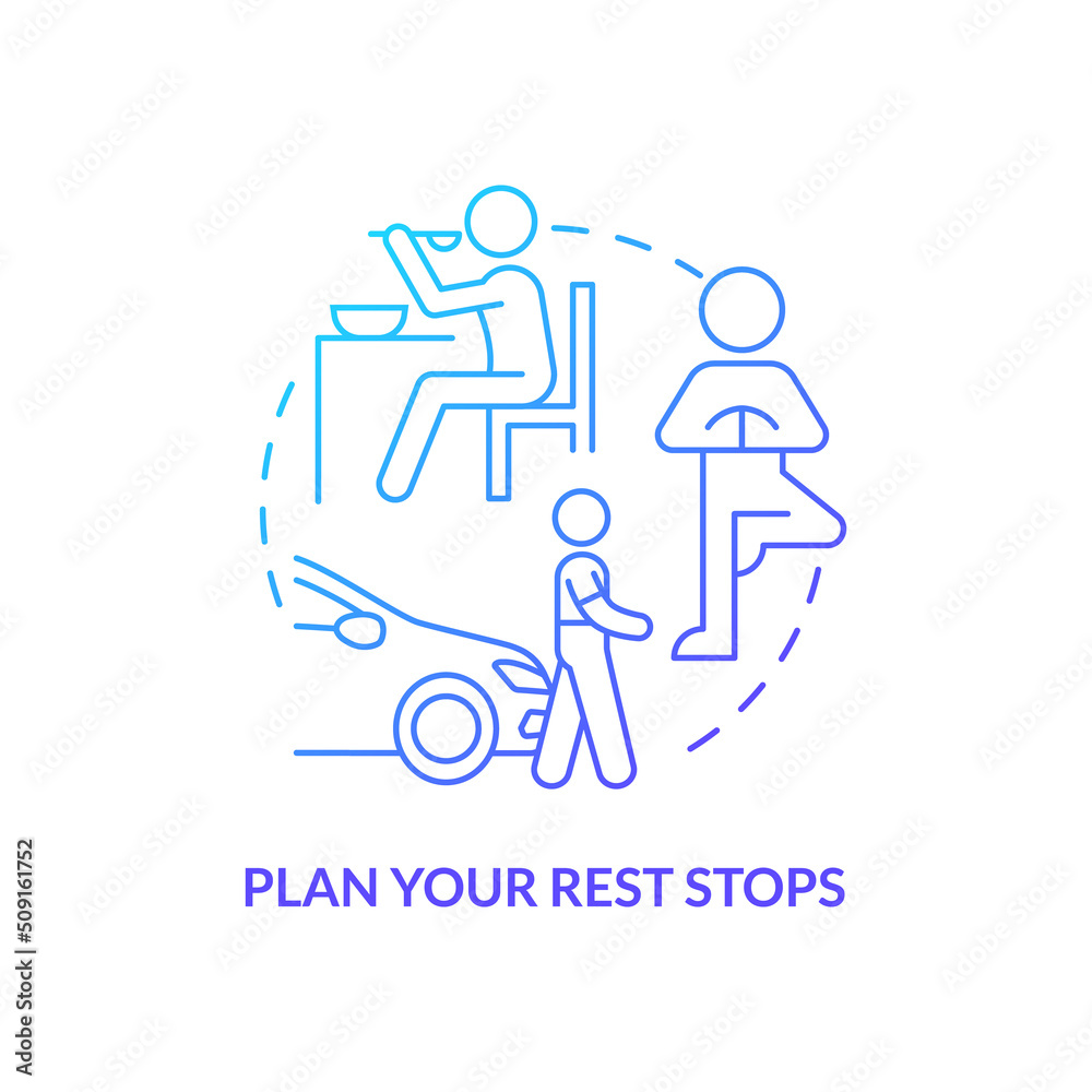 Plan your rest stops blue gradient concept icon. Take a break from driving. Road trip advice abstract idea thin line illustration. Isolated outline drawing. Myriad Pro-Bold font used Plan your rest stops blue gradient concept icon. Take a break from driving. Road trip advice abstract idea thin line illustration. Isolated outline drawing. Myriad Pro-Bold font used