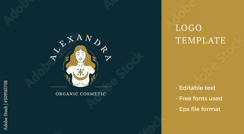 Esoteric woman long blonde hair and naked breast body posing at golden circle frame logo vector