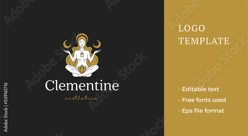 Esoteric yoga woman in lotus position meditation mindfulness spiritual logo golden design vector