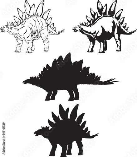 stegosaurus, dinosaur realistic image, vector, positions, illustration, black and white, silhouette, logo, trademark, chevron for decoration and design, packaging and posters © gjan62