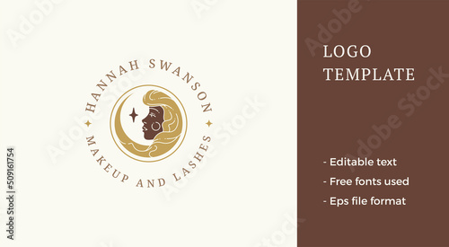 Mythical woman dark skin face long blonde hair space star circle golden frame logotype vector