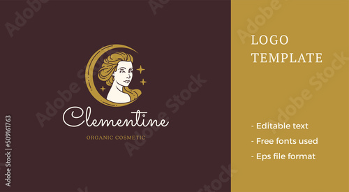 Female mythology portrait in half moon stars natural beauty spiritual golden logotype vector