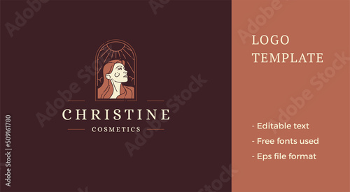 Elegant medieval female with long hair at sun beam decorative frame minimalist logotype vector flat