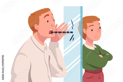 Man Father Shouting Against Glass Wall to His Son as Problematic Communication and Misunderstanding Between Parent and Child Vector Illustration