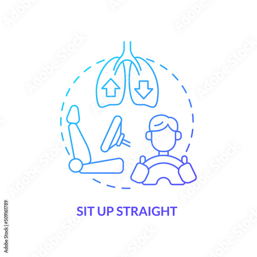 Sit up straight blue gradient concept icon. Proper position while driving. Road trip advice abstract idea thin line illustration. Isolated outline drawing. Myriad Pro-Bold font used