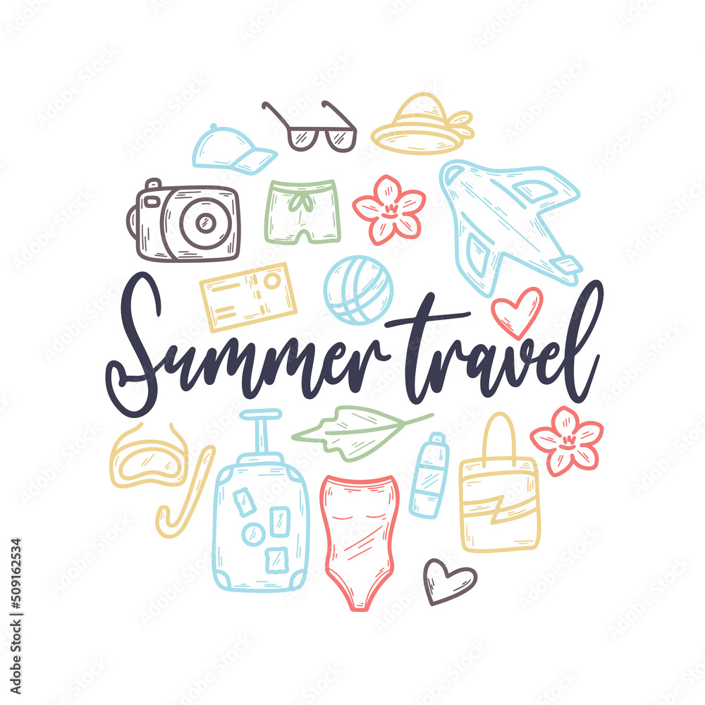 Colorful summer travel postcard design template. Round card with holiday items and lettering. Summer travel poster. Vector poster with airplane, suitcase, camera and other