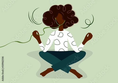 A young African-American woman practices yoga to the music. A cute girl in a lotus position in headphones meditates. Vector flat illustration for web design. Template for landing page, banner