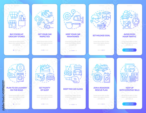 Road trip planning blue gradient onboarding mobile app screen set. Walkthrough 5 steps graphic instructions with linear concepts. UI, UX, GUI template. Myriad Pro-Bold, Regular fonts used