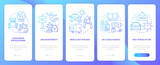 Road trip advices blue gradient onboarding mobile app screen. Car travel walkthrough 5 steps graphic instructions with linear concepts. UI, UX, GUI template. Myriad Pro-Bold, Regular fonts used