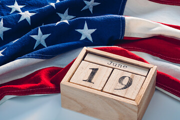 Calendar with Juneteenth National Independence Day June, 19 date with US flag