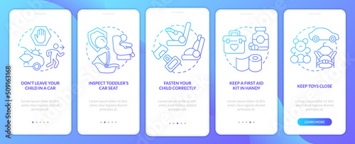 Road trip with toddlers tips blue gradient onboarding mobile app screen. Walkthrough 5 steps graphic instructions with linear concepts. UI, UX, GUI template. Myriad Pro-Bold, Regular fonts used