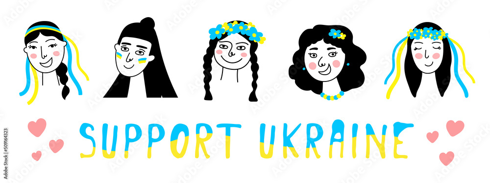 Ukrainian girls doodle set,blue-yellow national colors,sign of country independence and democracy.Patriotic movement of hope victory in the war 2022. Isolated. Support Ukraine.Vector illustration