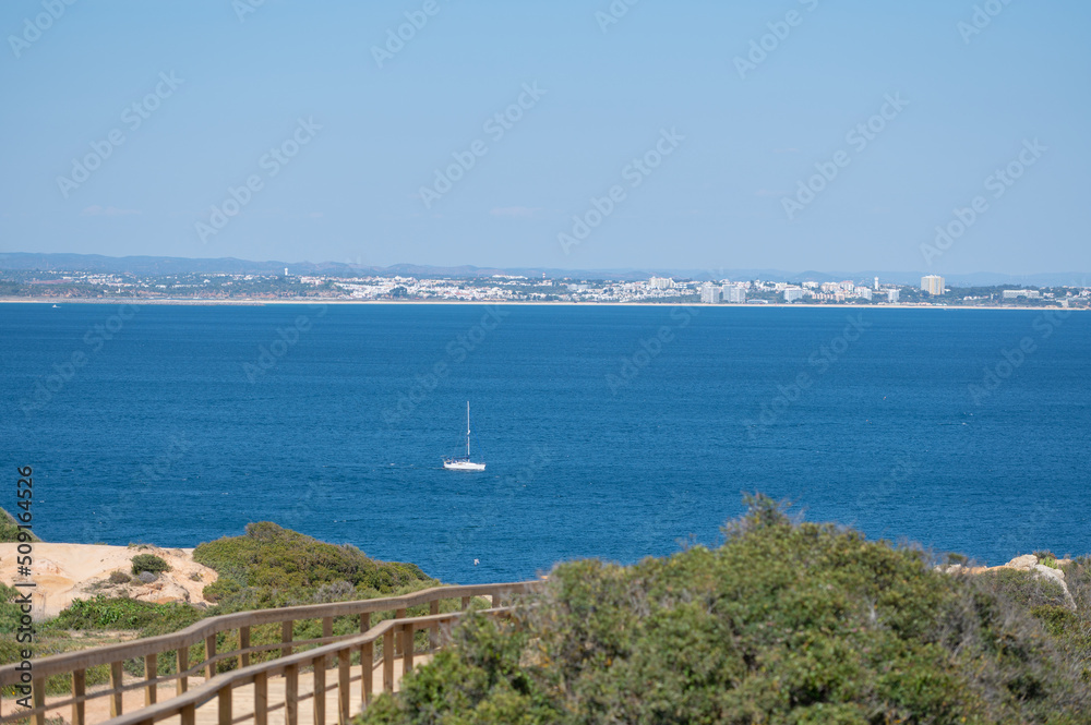 Panorama in Praia do Camilo de Lagos in the Algarve, Portugal in the summer of 2022