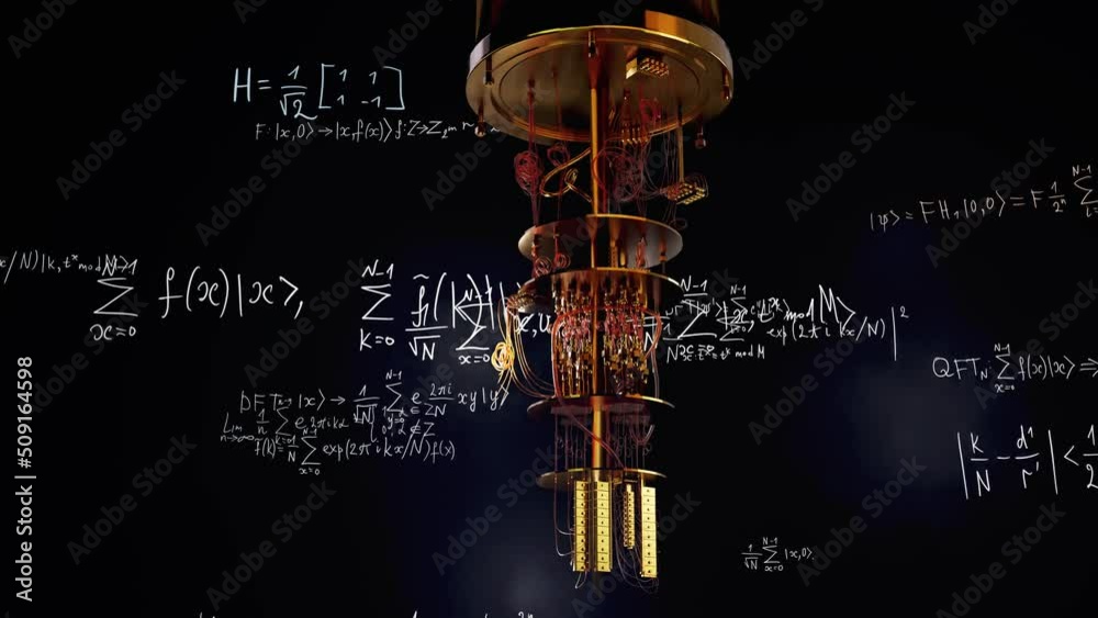 A model of a quantum computer against the background of formulas, a quantum factorization algorithm. 3D render. New technologies in parallel computing, scientific and technical achievements, concept.
