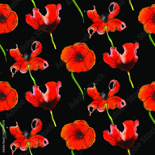 Fototapeta Naklejka Na Ścianę i Meble -  Vvector pattern with poppies on a black background.