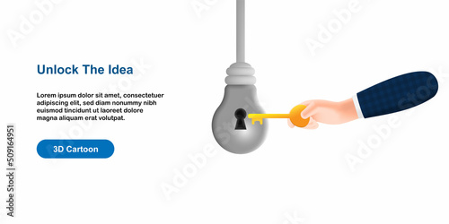 3D cartoon style. Unlocking the idea concept, with grey light bulb and hand holding key icon design