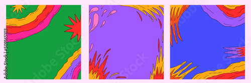 set of abstract background cards-psychedelic 1970 good vibes.Square retro templates for social media.Text box funky 70s with fire, stars, rainbow.Hippie vintage frames.groovy wallpaper with shapes	