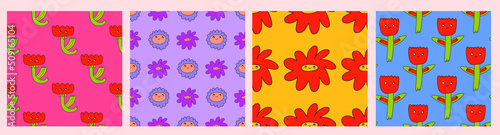 set of square vector seamless patterns-flower characters in hippie style.1970 good vibes.Funky and groovy 1970 daisy flower.Funky 1960 psychedelic ornament with floral.Funny botanic background