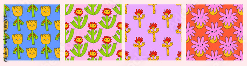 set of square vector seamless patterns-flower characters in hippie style.1970 good vibes.Funky and groovy 1970 daisy flower.Funky 1960 psychedelic ornament with floral.Funny botanic background