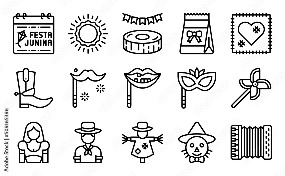 Fototapeta premium Festa junina related line icon set