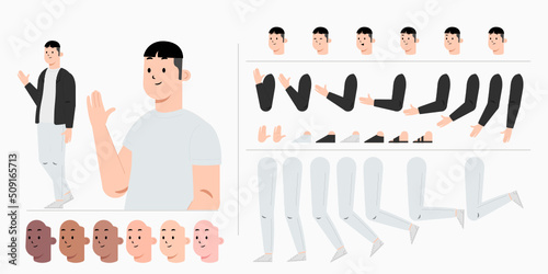 Young man character creation kit design for animation. City casual cartoon male flat vector design.
