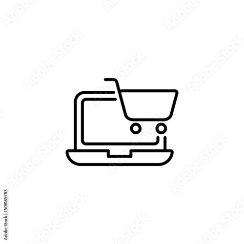Computer display with shopping cart line icon, outline vector sign, linear style pictogram isolated on white. eps 10