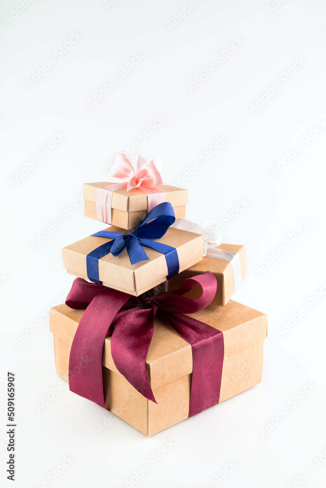 Fototapeta premium Gift boxes are stacked on a white background.Festive background.