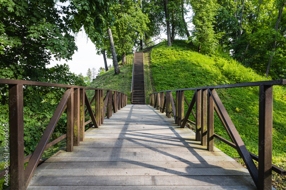 Wooden bridge leading to the Vytautas Hill, Birstonas, Lithuania Wooden bridge leading to the Vytautas Hill, Birstonas, Lithuania