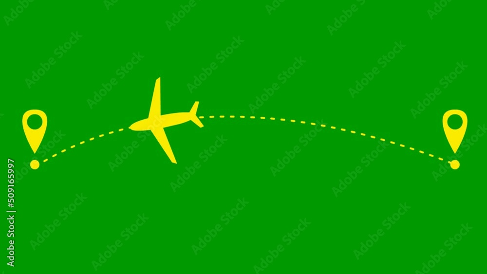 Animated yellow the plane flies along a trajectory. Concept of airplane travel. Airplane flies from one place to another. Looped video. Vector illustration isolated on a green background. Animated yellow the plane flies along a trajectory. Concept of airplane travel. Airplane flies from one place to another. Looped video. Vector illustration isolated on a green background.
