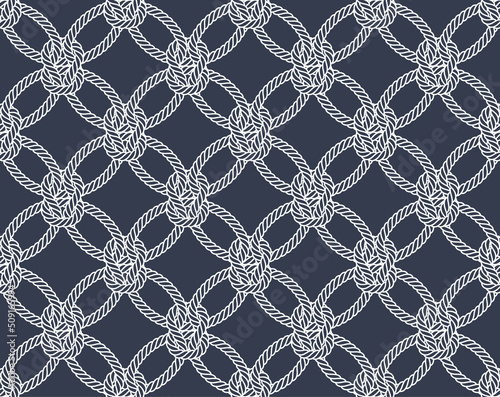 Vector white line template circle composed of intertwined ropes. Isolated on blue background.