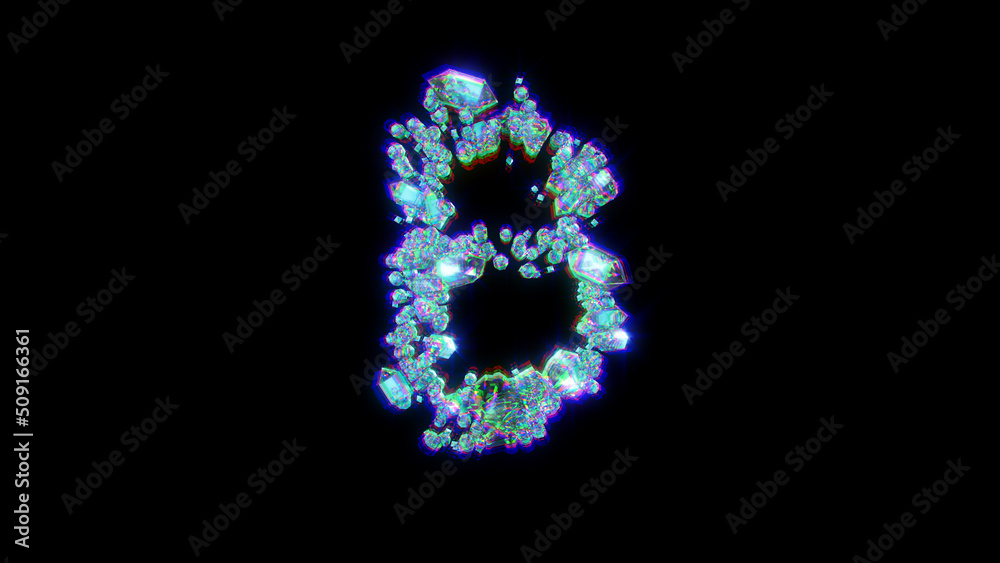 glitchy font of jewels with chromatic aberrance - bitcoin sign, isolated - object 3D rendering