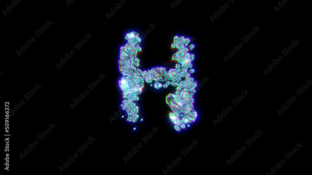 distortion font of gems with chromatic aberrance - letter H, isolated - object 3D rendering