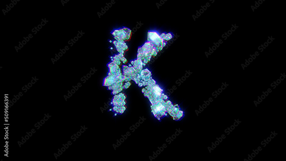 distorted font of gemstones with chromatic aberrations - letter K, isolated - object 3D illustration
