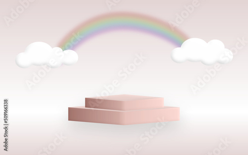 Minimal Product  3d pedestal scene background with cloud platform 3D Rendering Background Vector With Podium stand to display cosmetic products cloud rainbow stage rendering on pink studio pod