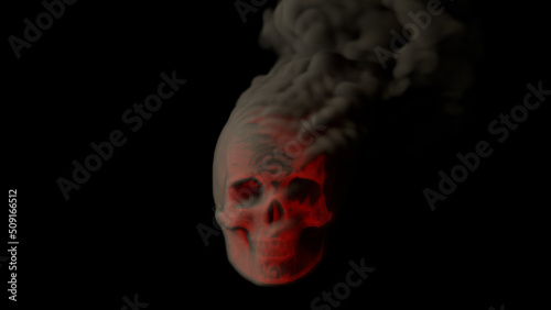 Grey burning human skull on black background with fire - war concept, isolated - object 3D illustration