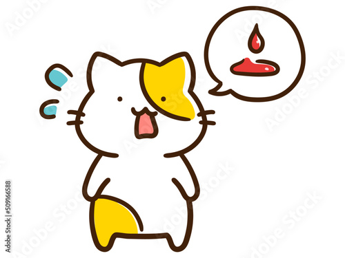 生理による出血を心配するかわいいねこのデフォルメ手書きイラスト