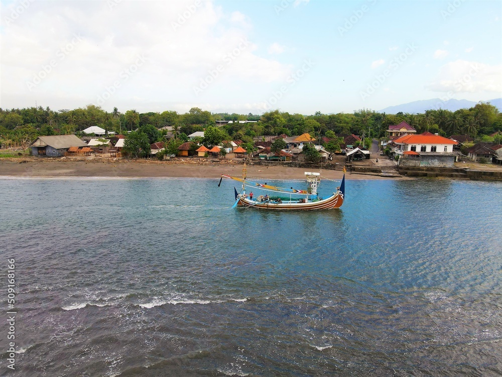 Beautiful aerial view - Natural panorama, Fishing boats on the coast of Bali-Indonesia.