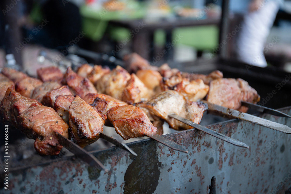 BBQ picnic with kebabs and meat on an open fire on a summer day in the backyard of a private house. BBQ picnic with kebabs and meat on an open fire on a summer day in the backyard of a private house.