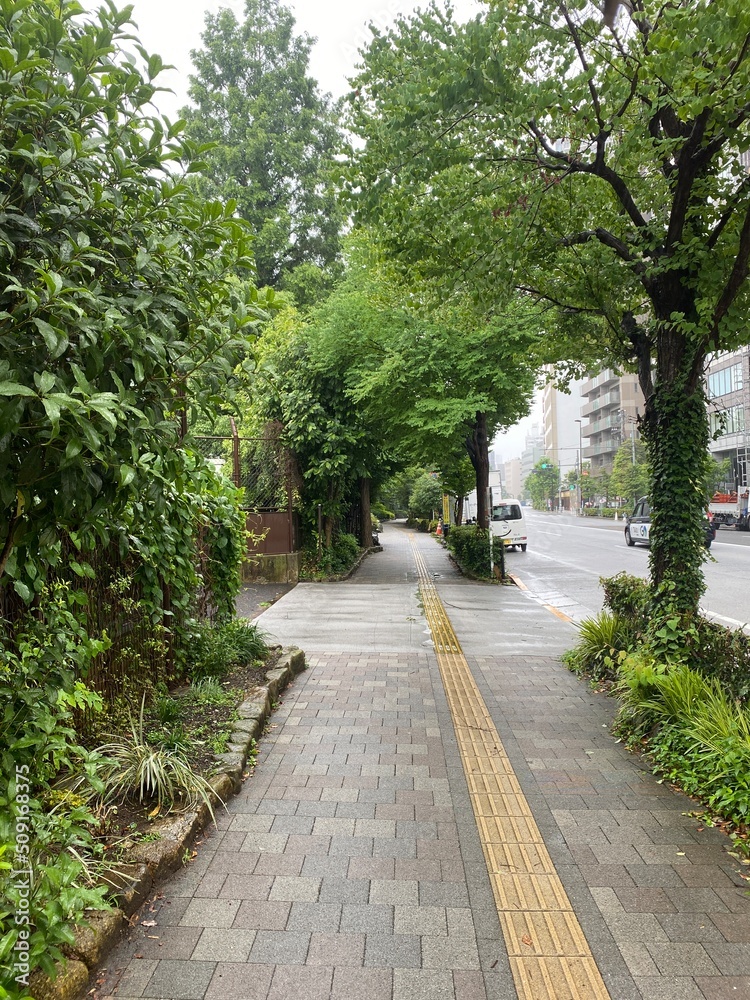 Rainy path at the sidewalk of the street of Ueno Tokyo Japan, downtown city walk, year 2022 June 6th, rainy day
