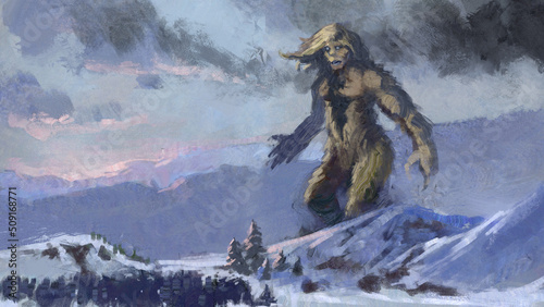 Fotografija Digital painting of an ice giant walking through a valley - fantasy 3d illustrat