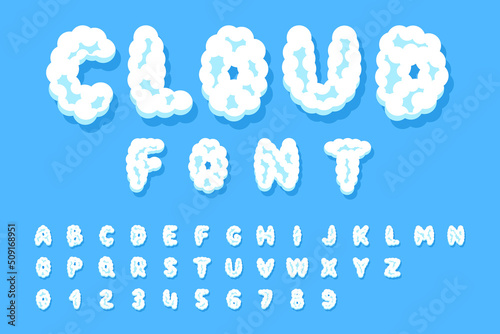 Cloud  font, alphabet. Letters and numbers. ABCs of white clouds in blue sky. flat style
