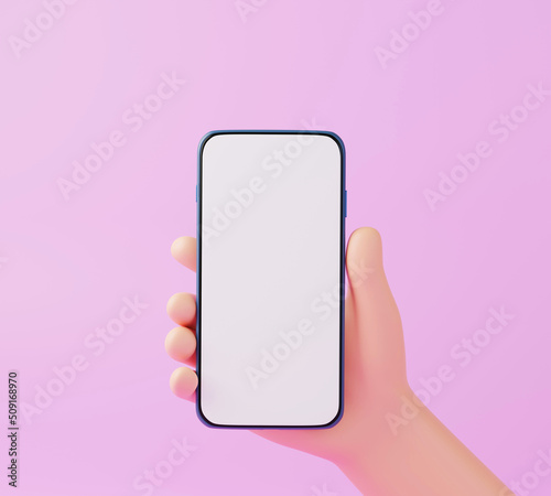 3D cartoon hand holding smartphone, 3D render illustration
