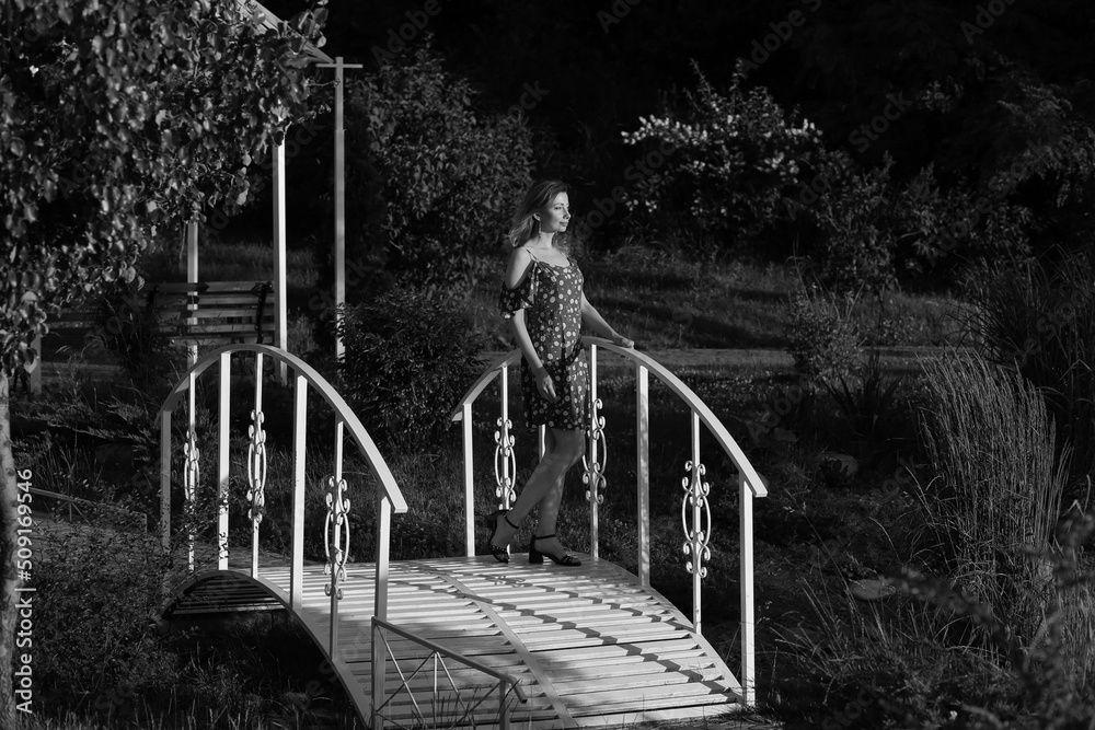 Obraz premium Beautiful slender woman in dress standing on a small bridge in black and white